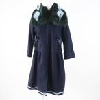 美品◎FENDI フェンディ FF8246 カシミヤ混 レザー使い 襟フォックスファー付き コート ネイビー 40 ハンガー付き 伊製 正規品 レディース