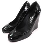 ショッピングウエッジソール 極美品△CHANEL シャネル G31216 パテントレザー パーフォレーション ウエッジソール パンプス ブラック 36.5 保存袋付き 伊製 レディース