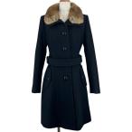 ショッピングBURBERRY 極美品▲BURBERRY BLUE LABEL バーバリーブルーレーベル ロゴボタン 襟ラビットファー ベルト付き ウールコート ブラック 40 正規品