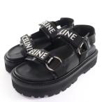 美品☆CELINE セリーヌ 345583620C バルキー ロゴデザイン ベルクロ レザー サンダル ブラック 37.5 箱付き イタリア製 レディース