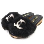 美品△CHANEL シャネル G39357 ココマーク シアリング×ラムスキン ファー ミュール サンダル ブラック 35 イタリア製 レディース