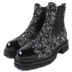 未使用品△CHANEL シャネル 23A G45087 ロゴ パテントレザー使い サイドゴア ツイード ショートブーツ ブラック ホワイト 36.5 袋付 伊製