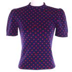 極美品◇GUCCI グッチ 623606 ウール100％ ダブルG ドット柄 クルーネック 半袖ニット ネイビー レッド XS イタリア製 正規品 レディース