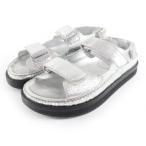 美品★CHANEL シャネル G31857 ココマーク刺繍入り バックストラップ ベルクロ レザー フラット サンダル シルバー 37 イタリア製