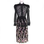 未使用品△GUCCI グッチ 493519 レーヨン シルク レース切替 花柄 プリーツ 長袖 ワンピース ブラック ピンク 38 伊製 正規品 レディース