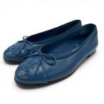  прекрасный товар *CHANEL Chanel G02819ba Rely na здесь Mark лента кожа Flat туфли-лодочки балетки темно-синий 35.5 Италия производства 