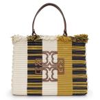 （中古）トリーバーチ Tory Burch エラ ウーブン ストライプ フリンジ トートバッグ キャンバス マリーゴールド オーカー ベージュ ゴールド金具 142715