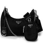 (中古)プラダ PRADA Re-edition2005 トライアングル 三角ロゴプレート 2WAY 斜め掛け チェーン ショルダーバッグ ナイロン サフィアーノ レザー 黒 1BH204