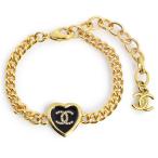ショッピングハートゴールド （美品）CHANEL シャネル ABG320 ココマーク ラインストーン ハート ゴールド ブラック チェーン ブレスレット 箱付