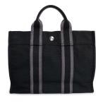 （中古）HERMES エルメス フールトゥ PM コットンキャンバス ブラック グレー トート ハンドバッグ シルバー金具