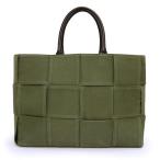 （中古）BOTTEGA VENETA ボッテガヴェネタ 718401 ラージ アルコ イントレチャート キャンバス レザー カーキ ブラック トートバッグ シルバー金具