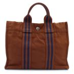 （中古）HERMES エルメス フールトゥ PM コットンキャンバス ブラウン ネイビー トート ハンドバッグ シルバー金具