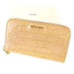 ミュウミュウ 長財布 財布 ラウンドファスナー レディース  クロコダイル調 ピンクベージュ×ゴールド 中古