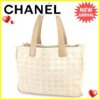 シャネル トートバッグ トート ショルダーバッグ レディース トートMM ニュートラベルライン ベージュ×シルバー 中古