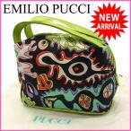 (未使用品)エミリオ・プッチ EMILIO PUCCI ポーチ 化粧ポーチ レディース 持ち手付き プッチ グリーンMix キャンバス×レザー 【新品】 L112s