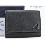 超美品 プラダ PRADA サフィアーノ トライアングル 三つ折り財布 コンパクト財布 ミニウォレット ブラック 2MH021