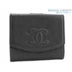 外美品 シャネル CHANEL ヴィンテージ ココマーク キャビアスキン Wホック財布 両面財布 コンパクト財布 ブラック A13496