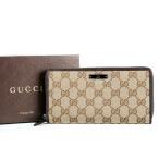 【新品同様・未使用】GUCCI グッチ イタリア製 GGキャンバス×レザー ラウンドファスナー長財布 ブラウン系 307980・493075【IG78】