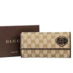 【新品同様・未使用】GUCCI グッチ GG シマ 二つ折り長財布 ベージュ系 245723・534563【KM15】