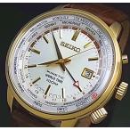 SEIKO KINETIC セイコー キネティック GMT メンズ腕時計 ゴールドケース シルバー文字盤 ブラウンレザーベルトSUN070P1 海外モデル