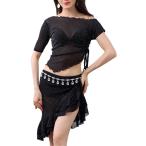 レディース ベリーダンス トップス Tシャツ スカート 半袖 ラメ入り アシメ キラキラ 紐 ギャザー フリル 紐 セットアップ 2点セット 練習