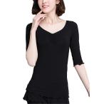 レディース ダンス ジャズ バレエ ヨガ シンプルTシャツ トップス 着?せ 五分袖 ブラック ロング ストレッチ 練習 社交ダンス レッスン