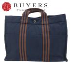 中古 エルメス トートバッグ フールトゥMM コットンキャンバス ネイビー ブラウン ビジネス お洒落 レディース 女性