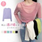 【2点10%OFF】シースルーTシャツ カットソー トップス レディース 長袖 透け感 レイヤード クルーネック 春夏 薄手 着痩せ