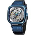 BESTKANG Luxury Watches for Men Automatic Stainless Steel Leather Watch Analog Luminous Fashion Punk Square Watch (Blue) 並行輸入品