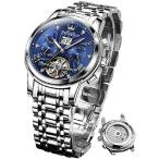 OLEVS Men Automatic Watch Skeleton Mechanical Classic Luxury Multi Calendar Stainless Steel Waterproof Luminous Wrist Watch for Men Blue 並行輸入品