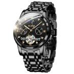 OLEVS Men Automatic Watch Black Watch Skeleton Luxury Dress Stainless Steel Strap 5 Hands Moon Phase Diamond Men Wrist Watches 並行輸入品