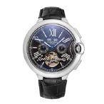 Automatic Watch for Men Luxury Self-Winding Mechanical Flywheel Watches Men's Casual Leather Strap Wristwatch (Silver Black) 並行輸入品
