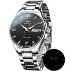 OLEVS Automatic Watch for Men Mechanical Self Winding Watches Luxury Stainless Steel Luminous Waterproof Calendar Mens Watch Silver Black 並行輸入品
