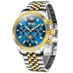 OUPINKE Men's Watches Luxury Automatic Mechanical Wristwatch Blue Self-Winding Moon Phase Luminous Waterproof Stainless Steel Bracelet 並行輸入品