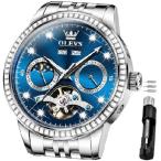 OLEVS Automatic Watches for Men Diamond Luxury Tourbillion Moon Phase Silver Stainless Steel Waterproof Luminous Classic Gentleman Men Wris 並行輸入品