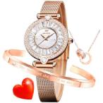 OLEVS Women Diamond Watch Rose Gold Ladies Elegant Luxury Dress Mesh Steel Strap Waterproof Wrist Watches Set 並行輸入品