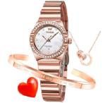 OLEVS Women Diamond Watch Rose Gold Ladies Elegant Luxury Dress Stainless Steel Strap Waterproof Wrist Watches Set 並行輸入品