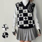 ショッピングプティプラ GREEN QUEEN クローバーベスト K240908-01 韓国ゴルフウェア レディース ニット 安い プチプラ 黒 白 柄 プティオール