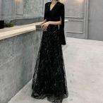 おしゃれ ロング ドレス パーティードレス 個性的 黒 袖あり カッコイイ vネック 結婚式 二次会 お呼ばれ フォーマル 演奏会 発表会大人 可愛い