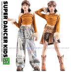 ダンス衣装 セットアップ ガールズ ヒップホップ 衣装 ジャズ ブラウン K-POP 韓国 ダンスウェア キッズダンス衣装 へそ出し ファートップス デニム スカート