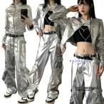 ショッピングダンス 衣装 ヒップホップ ジャズダンス 衣装 大人 レディース シルバー セットアップ レーシング ジャケット パンツ 長袖 k-pop 銀色 ステージ衣装 ヒップホップ ストリート 演出服  カー