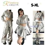 ショッピングダンス 衣装 ヒップホップ ダンス衣装 銀 シルバー レディース ヒップホップ 演出服 セットアップ 韓国 k-pop ステージ衣装  衣装  ヘソ出し　長袖トップス スカート カーゴパンツ
