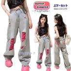 デニムダメージジーンズ へそ出し キッズ ダンス衣装 ヒップホップ 子供服 セットアップ ダンスウェア 女の子 ガールズ HIPHOP タンクトップ デニムパンツ 上下