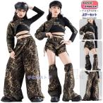 レオパード ヒョウ へそ出しシャツ 長袖 ショート丈 キッズ ダンス衣装 セットアップ ヒップホップ 子供服 女の子 ダンスウェア ステージ衣装 チアガール 短パン