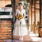 ウエディングドレス 5分袖 ウェディングドレス 二次会 ドレス 花嫁 Aライン 白 ワンピース 結婚式 発表会 vネック サテンスカート シンプルドレス 旅行 撮影