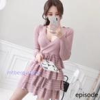 セーターニット ニットワンピタイト ニットベストレディース ニットワンピ ニットワンピースV襟 ニットベスト韓国 秋冬 長袖 ミニ丈 通勤通学 きれいめyd-3992