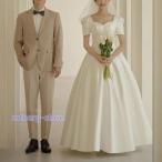 ウェディングドレス 二次会 結婚式 ブライダル ロングドレス 半袖 プリンセス サテン 前撮り 挙式 花嫁 記念撮影 ウエディングドレス 編み上げ かわいい