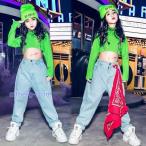 韓国 子供服 キッズ ダンス衣装 ヒップホップ ダンスウェア ダンス服 シャツ 袖あり デニムパンツ ジーンズ HIPHOP おしゃれ KIDS ストリート 緑 蛍光