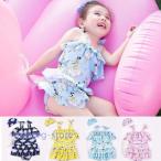 子供 水着 サロペット ワンピース  キッズ 水着 女の子 2点セット 水泳帽 スイムキャップ付★ フリル プリント 水着 オールインワン スイムウェア ジュニア