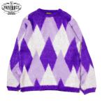 UNIVERD72 ニット セーター クルーネック モヘア調 アーガイルチェック パープルベース 紫